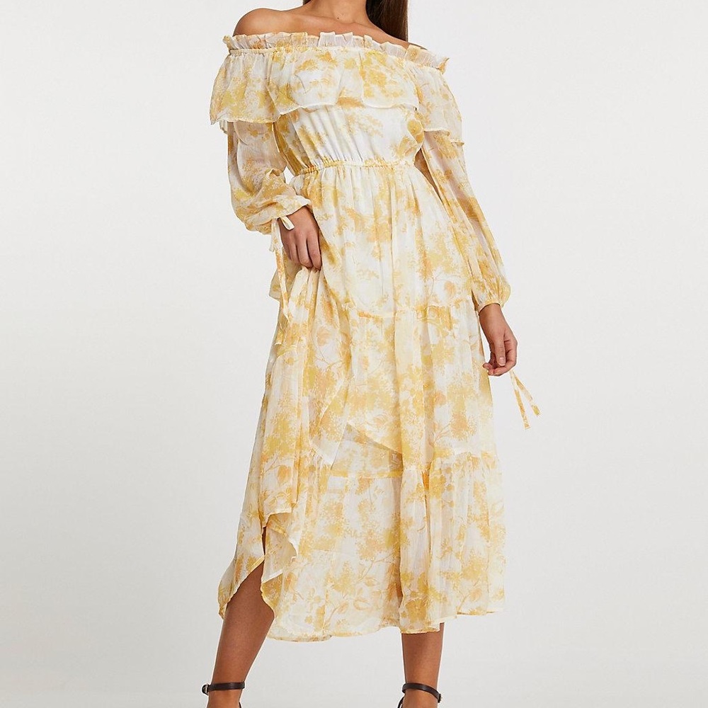 River Island Floral Long Sleeve Off the Shoulder Maxi Dress